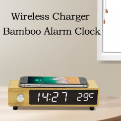 5 Pks Bamboo Retro Knob Digital Wooden Alarm Clock with Wireless Charger